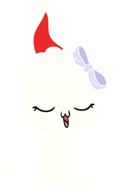 El çizimi düz renkli, başı fiyonklu bir kedi Noel Baba şapkası giymiş bir insan tarafından çizilmiş.