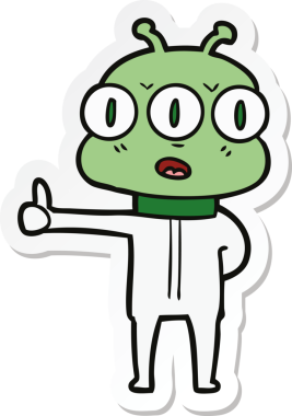 Çizgi film çıkartması. Bir insan tarafından çizilmiş üç gözlü uzaylı.