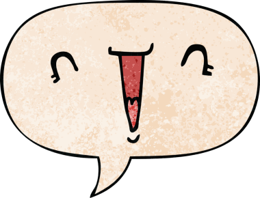 Bir insan tarafından çizilmiş eski dokuda konuşma baloncuğu olan sevimli çizgi film yüzü