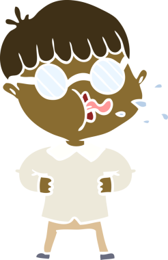 Bir insan tarafından çizilmiş gözlük takan düz renkli çizgi film çocuğu.