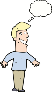 Bir insan tarafından çizilmiş düşünce baloncuğu ile sırıtan çizgi film adamı.