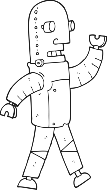 Bir insan tarafından çizilmiş siyah beyaz robot çizimi.