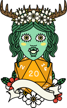 Retro Dövme Biçimi Yarı Ork Druid karakteri Bir insan tarafından çizilmiş doğal 20 zar ile