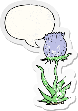 Konuşma baloncuğu olan vahşi bir çiçek, bir insan tarafından çizilmiş kederli eski bir çıkartma.