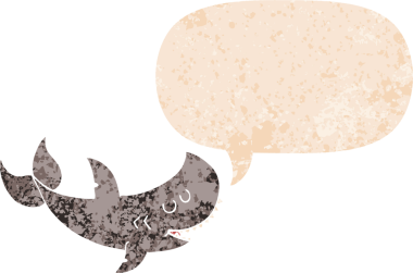 Bir insan tarafından çizilmiş grunge dertli retro tarzı konuşma baloncuğu ile çizgi film köpekbalığı