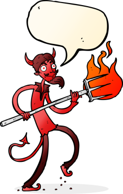 Bir insan tarafından çizilmiş konuşma baloncuklu dirgenli bir şeytan.