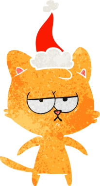 Bir insan tarafından çizilmiş Noel Baba şapkası takan bir kedinin eski bir çizgi filmi.