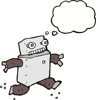 Bir insan tarafından çizilmiş düşünce baloncuğu olan çizgi film robotu