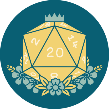 Retro Dövme Biçimi Doğal 20 D20 zar bir insan tarafından çizilmiş çiçek elementleriyle