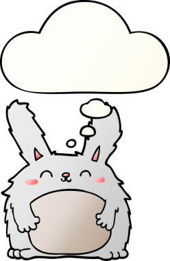 Düşünce baloncuğu olan tüylü tavşan bir insan tarafından çizilmiş.