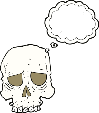 Bir insan tarafından çizilmiş düşünce baloncuklu garip kafatası.