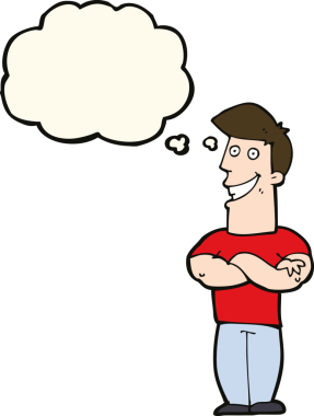 Bir insan tarafından çizilmiş düşünce baloncuğu ile sırıtan çizgi film adamı.