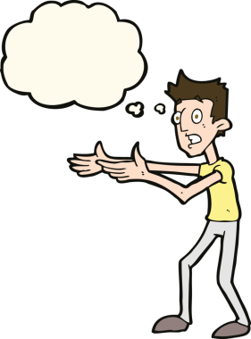 Çizgi filmdeki adam umutsuzca bir insan tarafından çizilmiş düşünce baloncuğuyla anlatıyor.