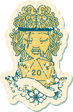 Retro Dövme Biçimi Yarı Ork Barbar Karakteri Bir insan tarafından çizilmiş 20 zar ile