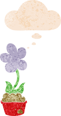 Düşünce baloncuğu ve grunge ile sevimli karikatür çiçek bir insan tarafından çizilmiş sıkıntılı retro doku