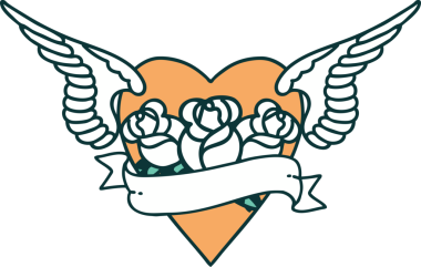 Kanatlı, çiçek ve bir insan tarafından çizilmiş bir kalbin ikonik dövme görüntüsü.