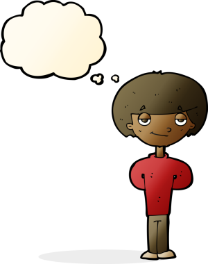 Bir insan tarafından çizilmiş düşünce balonlu mutlu adam çizgi filmi.