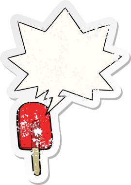 Karikatür buz lolipopu, konuşma baloncuğu bir insan tarafından çizilmiş sıkıntılı eski bir çıkartma.