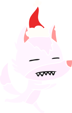 Bir insan tarafından çizilmiş Noel Baba şapkası takan bir kurdun düz renk çizimi.