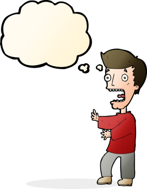 Bir insan tarafından çizilmiş düşünce baloncuğuyla dehşete düşmüş bir adam.