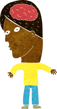 Bir insan tarafından çizilmiş beyin sembolü olan çizgi film adamı.