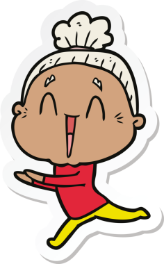 Bir insan tarafından çizilmiş mutlu yaşlı bir kadının çıkartması.