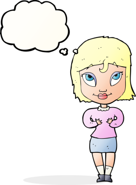 Bir insan tarafından çizilmiş düşünce baloncuğuyla kendine el kol hareketi yapan karikatür kadını.