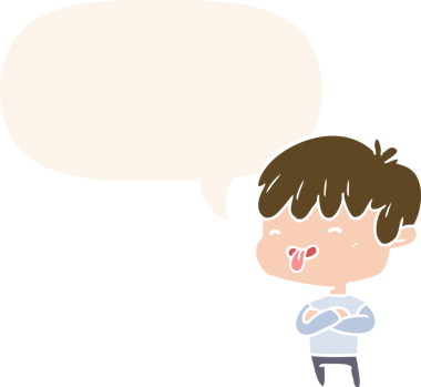 Çizgi filmci çocuk bir insan tarafından çizilmiş eski usul konuşma balonuyla dilini dışarı çıkarıyor.