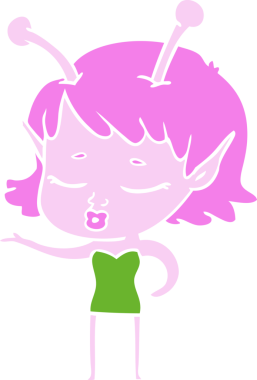 Tatlı uzaylı kız düz renkli çizgi film bir insan tarafından çizilmiş.