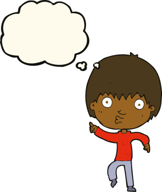 Bir insan tarafından çizilmiş düşünce baloncuğuyla işaret eden çocuk etkilenmiş.