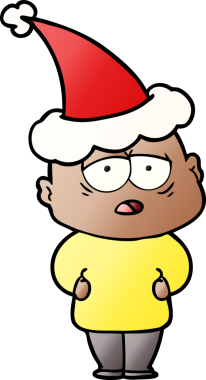 Bir insan tarafından çizilmiş Noel Baba şapkası giymiş yorgun kel bir adamın el çizimi karikatürü.