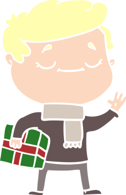 Düz renkli çizgi film karakteri bir insan tarafından çizilmiş Noel hediyesi taşıyor.