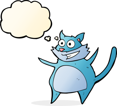 Bir insan tarafından çizilmiş düşünce baloncuklu komik çizgi film kedisi.