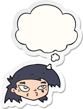 Bir insan tarafından çizilmiş bir çıkartma gibi, düşünce baloncuğuyla çizilmiş bir yüz.