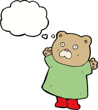 Bir insan tarafından çizilmiş düşünce baloncuklu komik çizgi film ayısı.