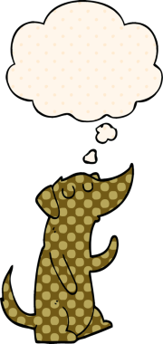 Çizgi roman tarzında bir insan tarafından çizilmiş düşünce balonu olan çizgi film köpeği.