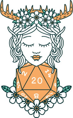 Retro Dövme Tarzı Elf Karakteri Nautral 20 zar bir insan tarafından çizilmiş