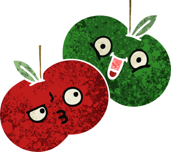 Bir insan tarafından çizilmiş sulu bir elmanın retro çizim tarzı karikatürü