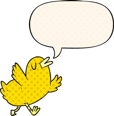 Çizgi roman tarzında konuşan mutlu kuş bir insan tarafından çizilmiş.