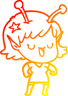 Bir insan tarafından çizilmiş mutlu bir uzaylı kız çizgi filminin çizimi.