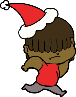 Dağınık saçlı, Noel Baba şapkası takan bir çocuğun el çizimi.