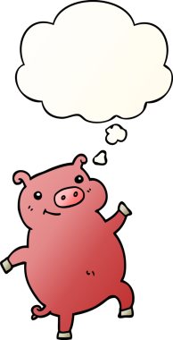 Düşünce baloncuğu olan çizgi film dansçısı domuz, bir insan tarafından çizilmiş.