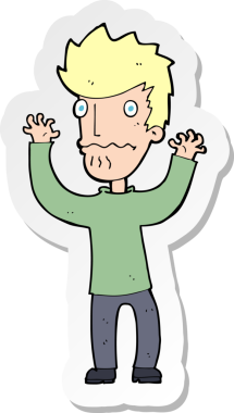 Çizgi film çıkartması. Bir insan tarafından çizilmiş korkmuş bir adam.