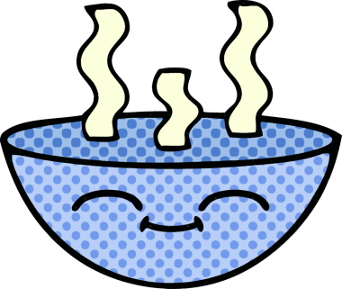 Bir insan tarafından çizilmiş sıcak çorba tabağının çizgi romanı.