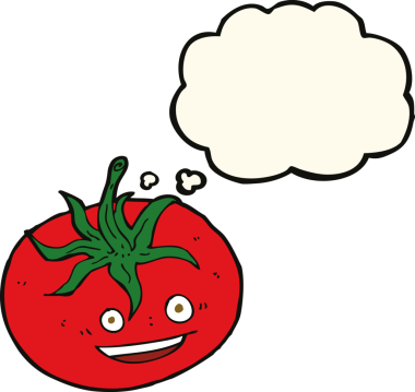 Bir insan tarafından çizilmiş düşünce baloncuklu domates.