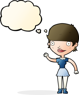 Bir insan tarafından çizilmiş düşünce baloncuğu fikri olan karikatür kadın.