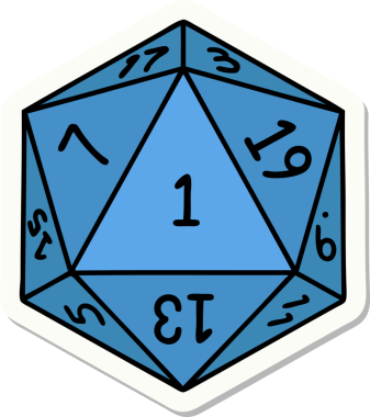 Bir insan tarafından çizilmiş doğal 1 D20 zar etiketi.