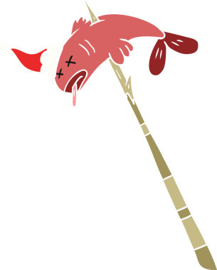 Bir insan tarafından çizilmiş Noel Baba şapkasıyla mızraklanmış bir balığın el çizimi.