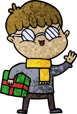 Bir insan tarafından çizilmiş gözlük takan çizgi film çocuğu.