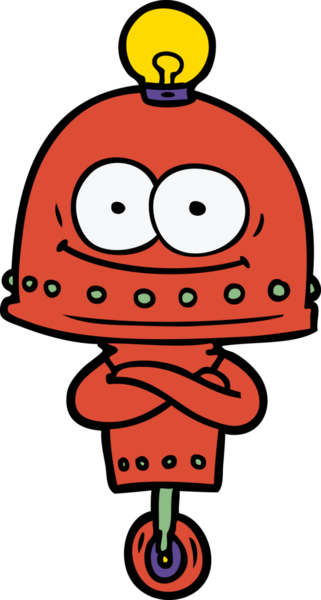 Bir insan tarafından çizilmiş ampullü mutlu karton robot.